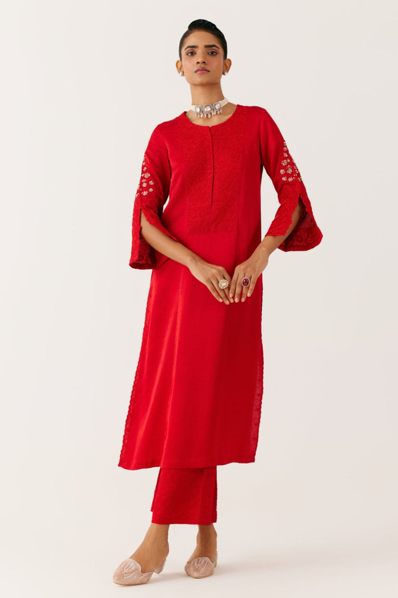 Ruby Red Dori and Sequins Embroidered Kurta Set