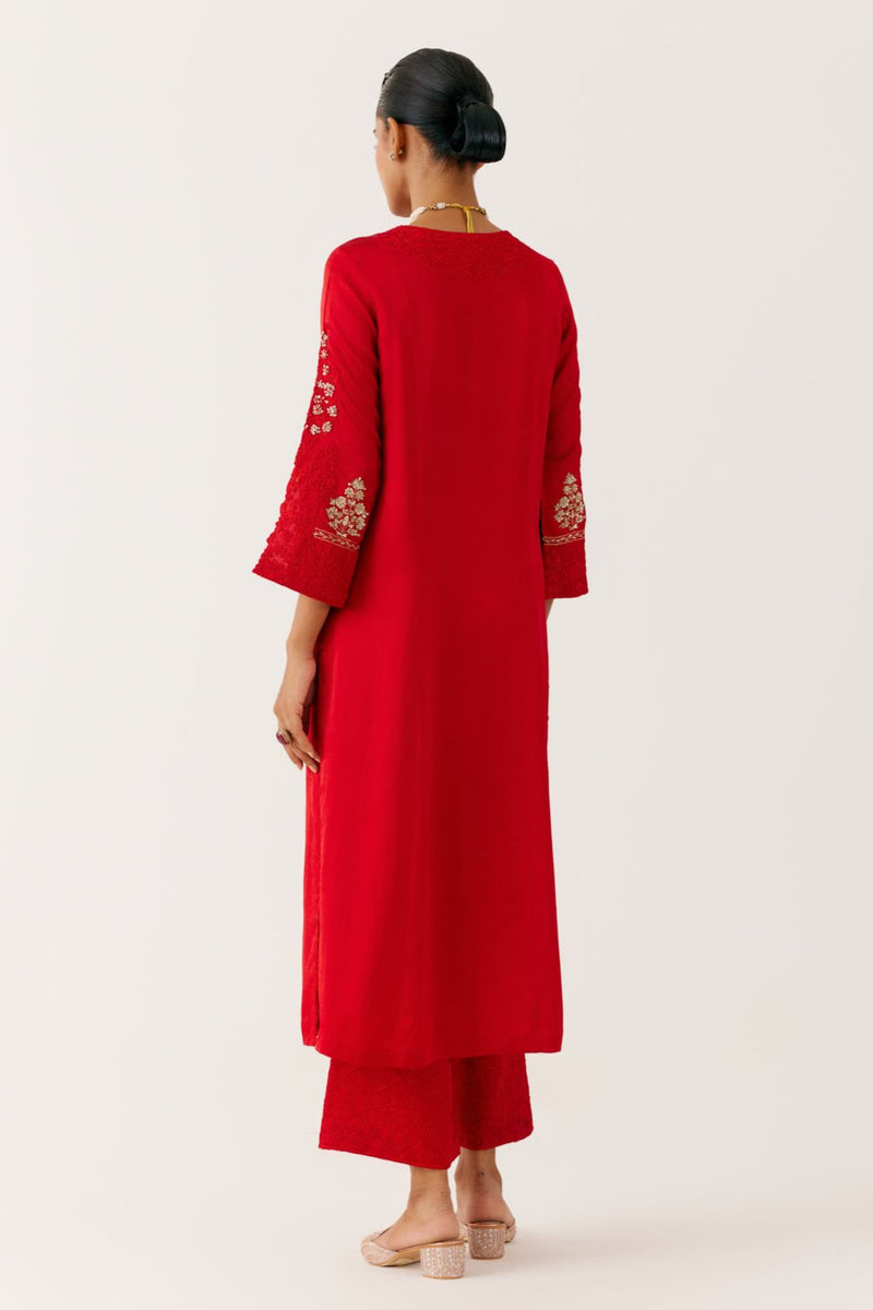 Ruby Red Dori and Sequins Embroidered Kurta Set