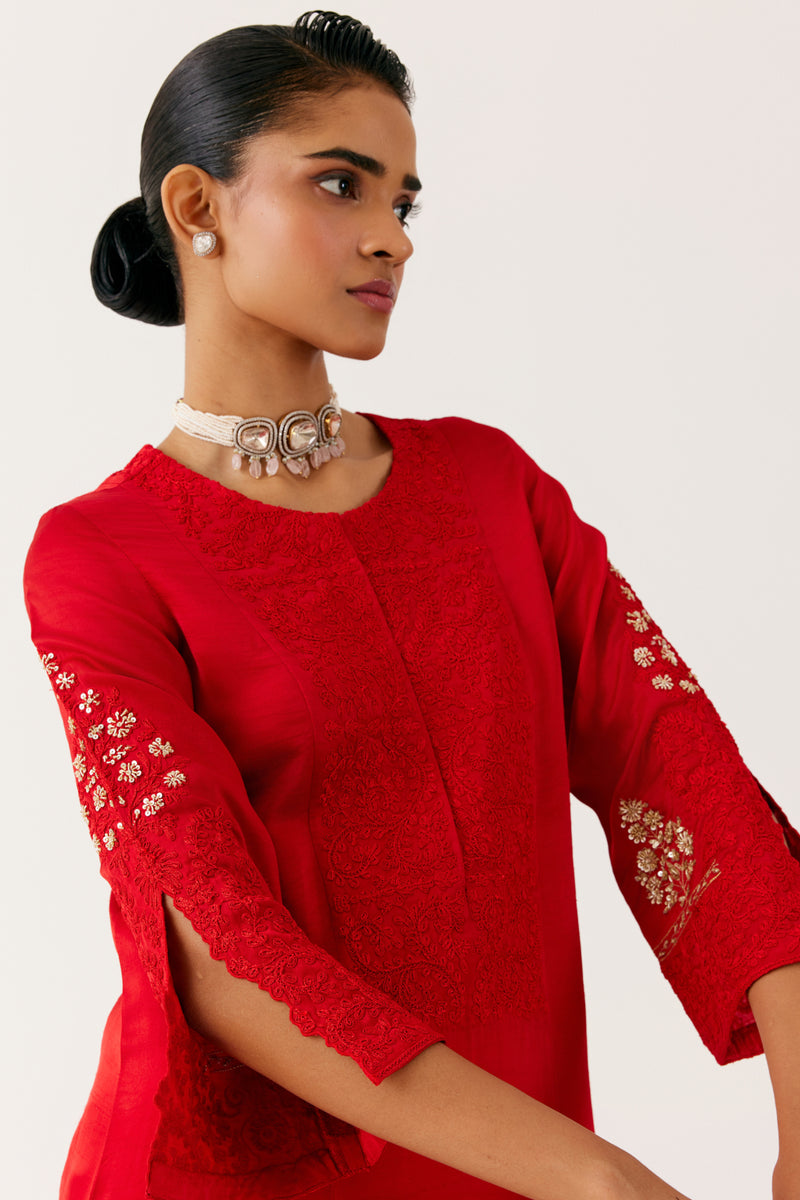 Ruby Red Dori and Sequins Embroidered Kurta Set