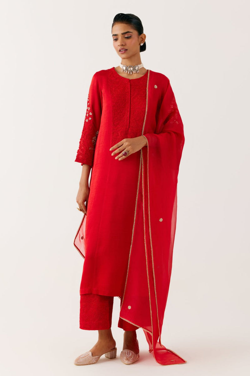 Ruby Red Dori and Sequins Embroidered Kurta Set