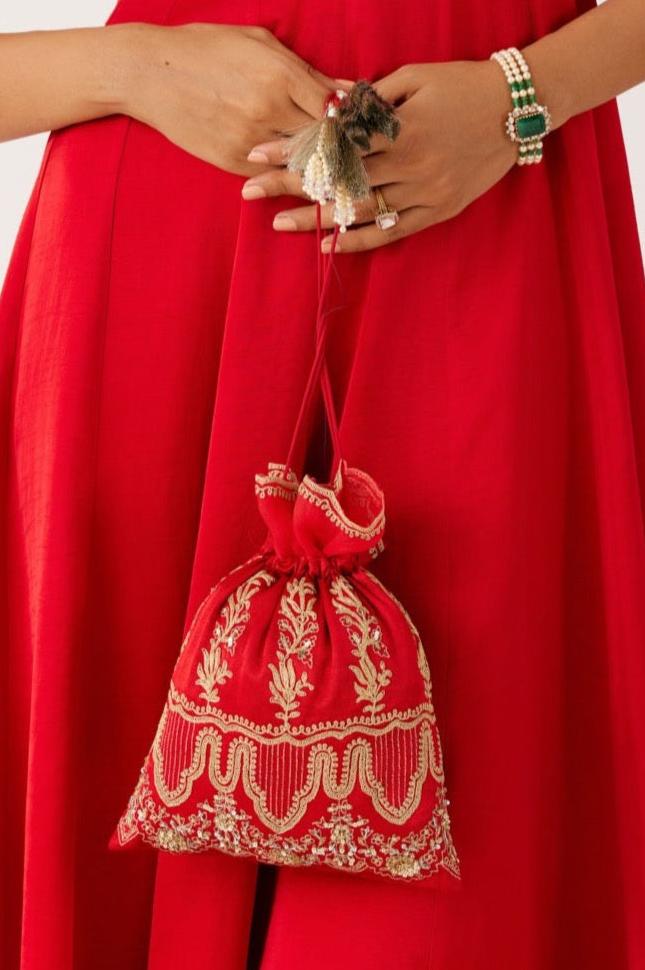 Red Embroidered Potli