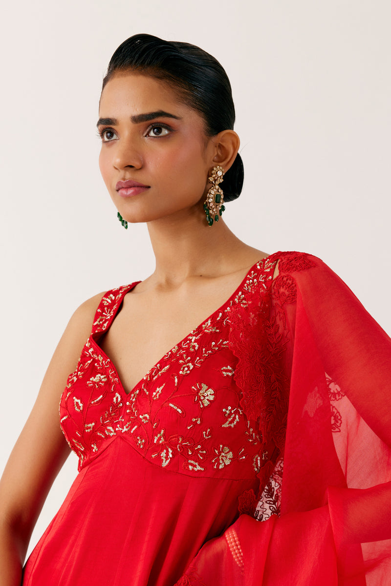 Ruby Red Dori and Sequins Embroidered Anarkali Set