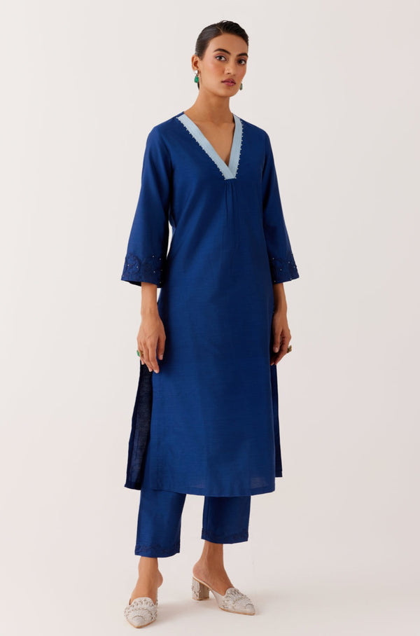 Royal Blue Cotton Silk Blend Dori Embroidered Kurta Set