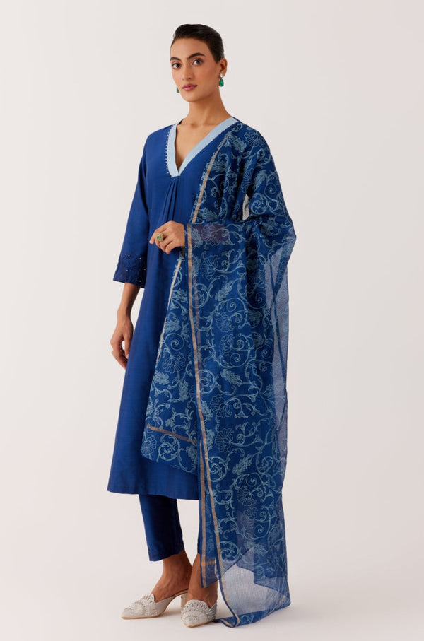 Royal Blue Cotton Silk Blend Dori Embroidered Kurta Set