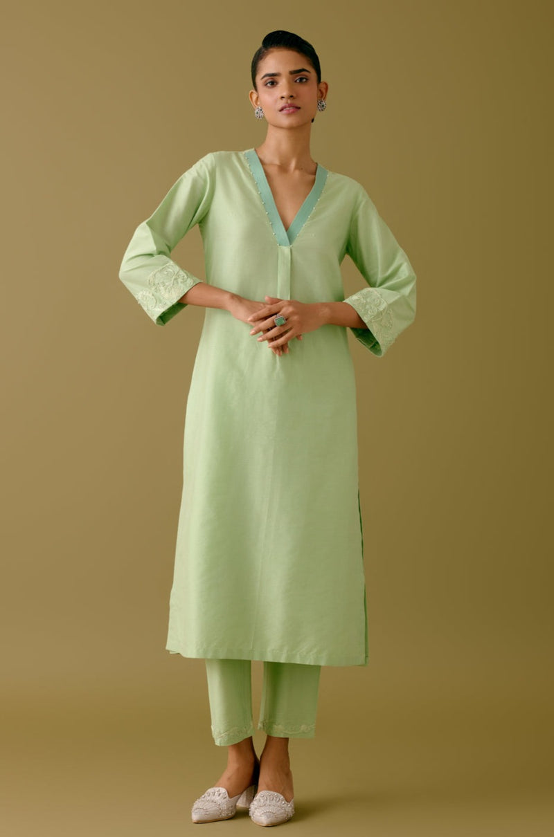 Pistachio Green Cotton Silk Blend Dori Embroidered Kurta Set