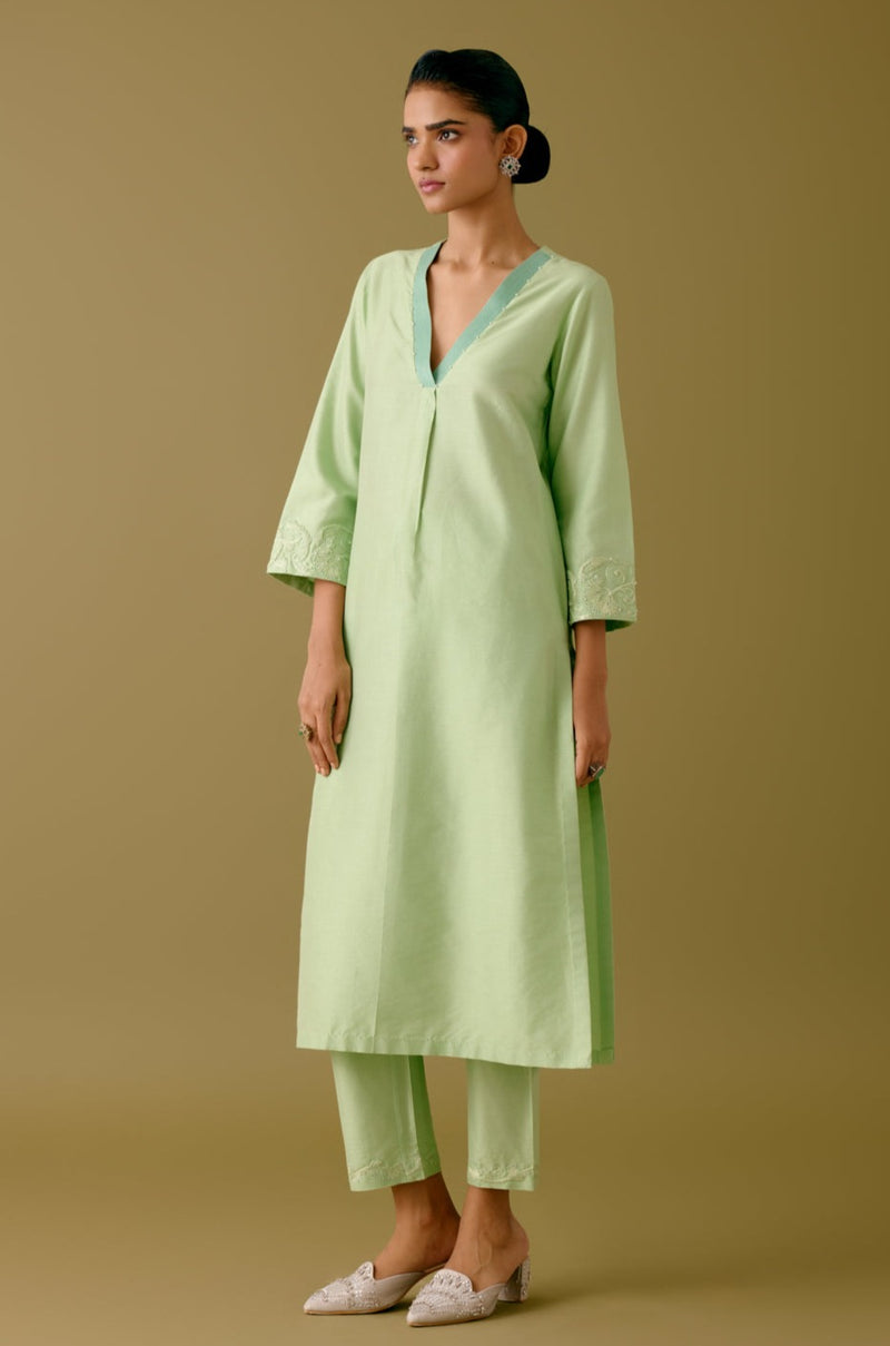 Pistachio Green Cotton Silk Blend Dori Embroidered Kurta Set