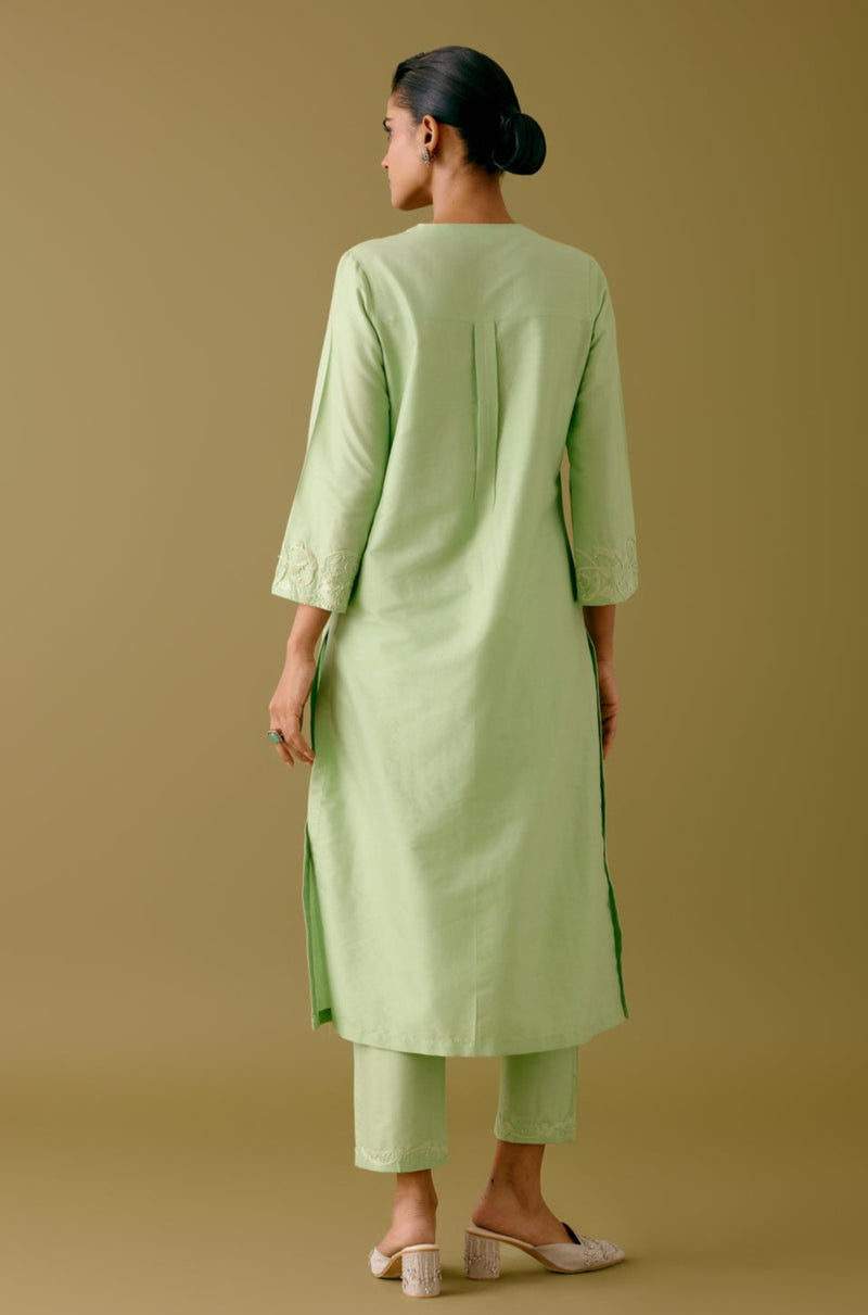 Pistachio Green Cotton Silk Blend Dori Embroidered Kurta Set