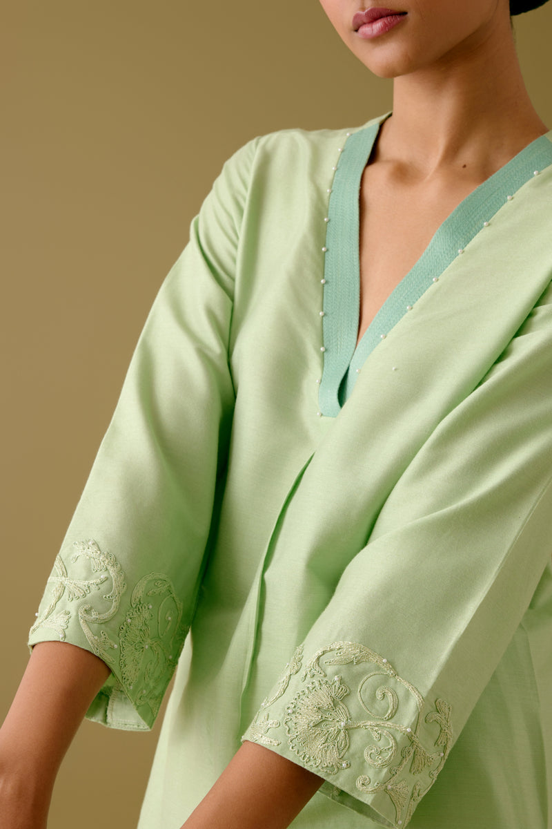 Pistachio Green Cotton Silk Blend Dori Embroidered Kurta Set