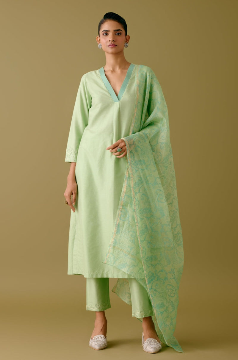 Pistachio Green Cotton Silk Blend Dori Embroidered Kurta Set