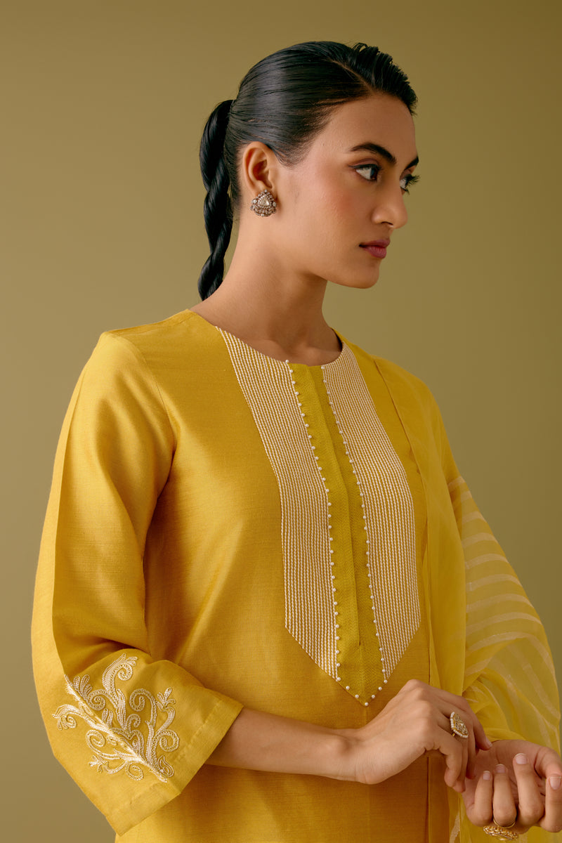 Yellow Cotton Silk Blend Dori Embroidered Kurta Set