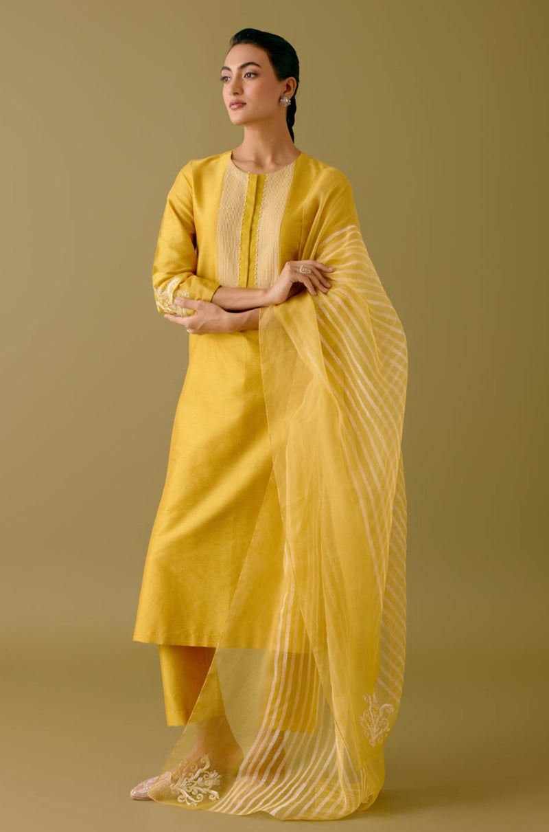 Yellow Cotton Silk Blend Dori Embroidered Kurta Set