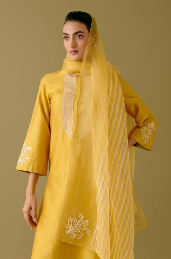 Yellow Cotton Silk Blend Dori Embroidered Kurta Set