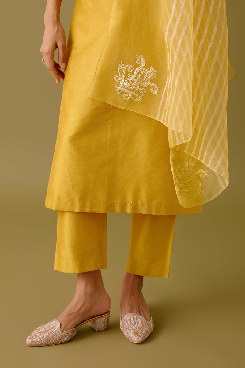 Yellow Cotton Silk Blend Dori Embroidered Kurta Set