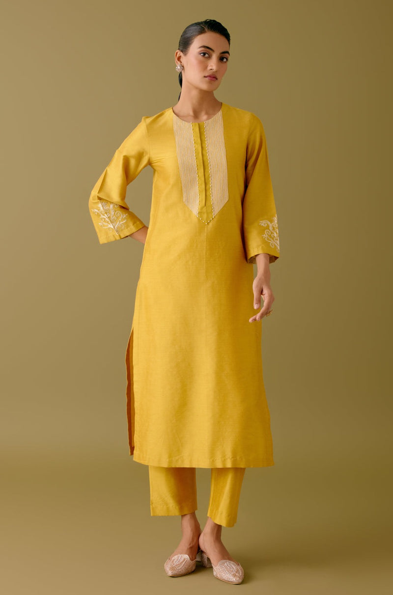 Yellow Cotton Silk Blend Dori Embroidered Kurta Set