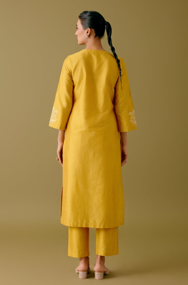 Yellow Cotton Silk Blend Dori Embroidered Kurta Set