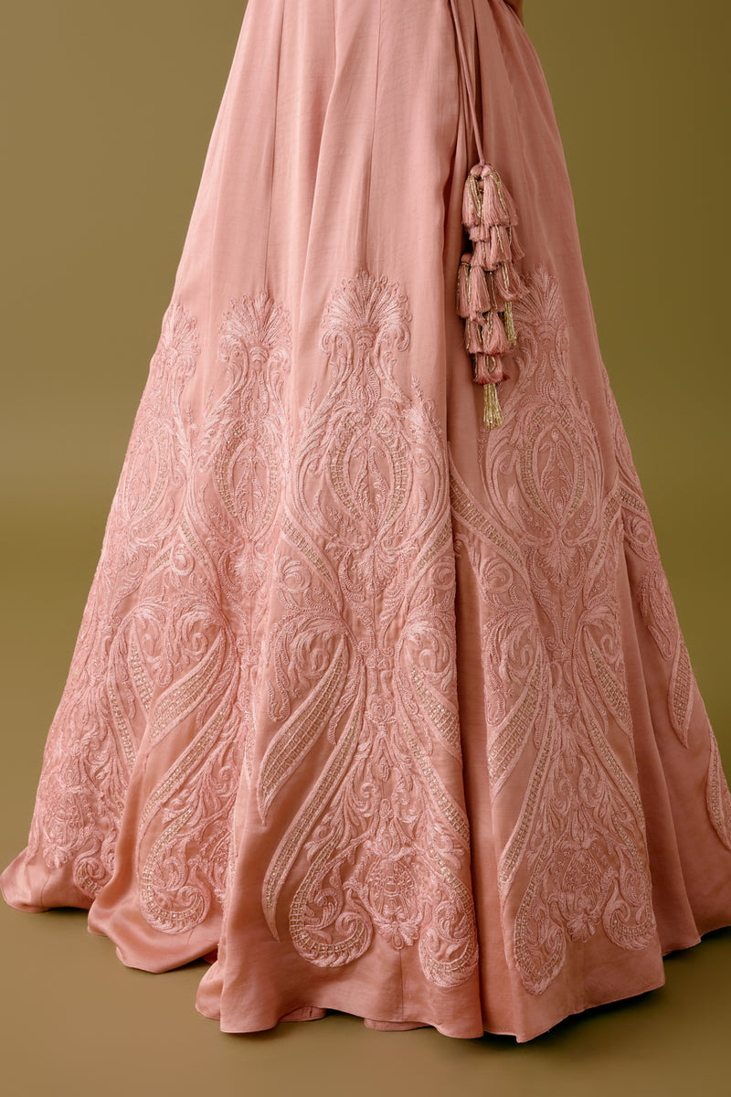 Onion Pink Embroidered Silk Satin Lehenga