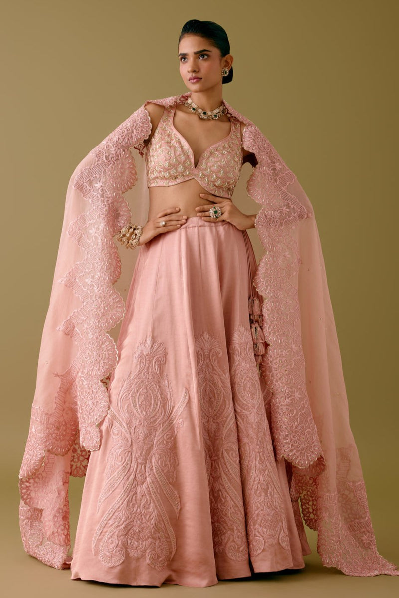 Onion Pink Embroidered Silk Satin Lehenga