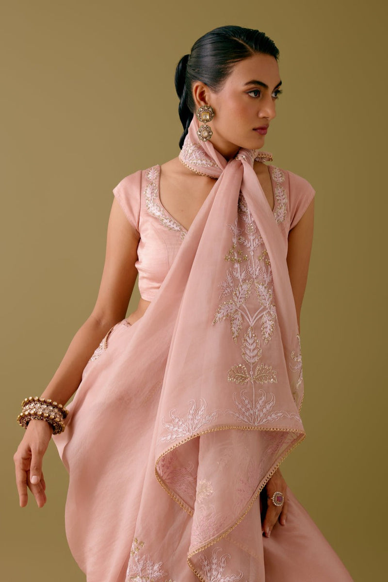 Onion Pink Sequined Organza Saree