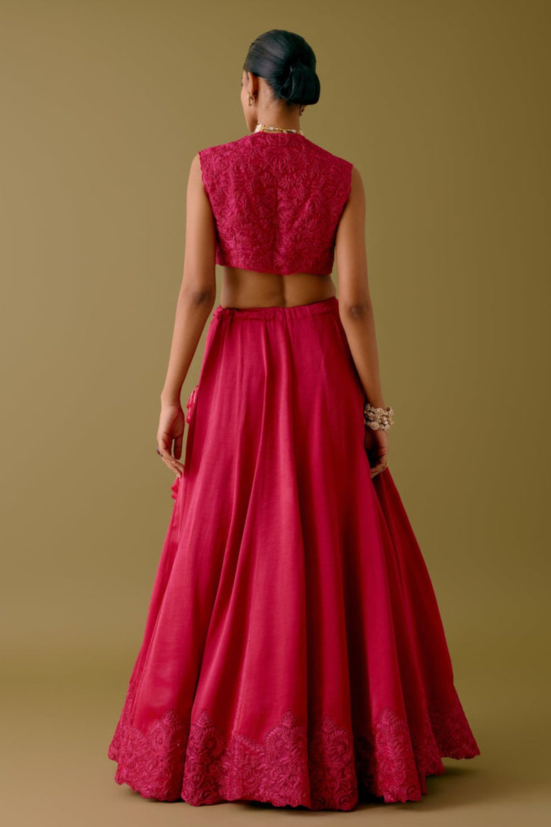 Fuchsia Pink Embroidered Silk Satin Lehenga