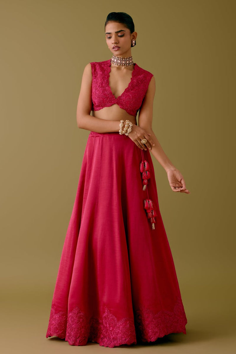 Fuchsia Pink Embroidered Silk Satin Lehenga