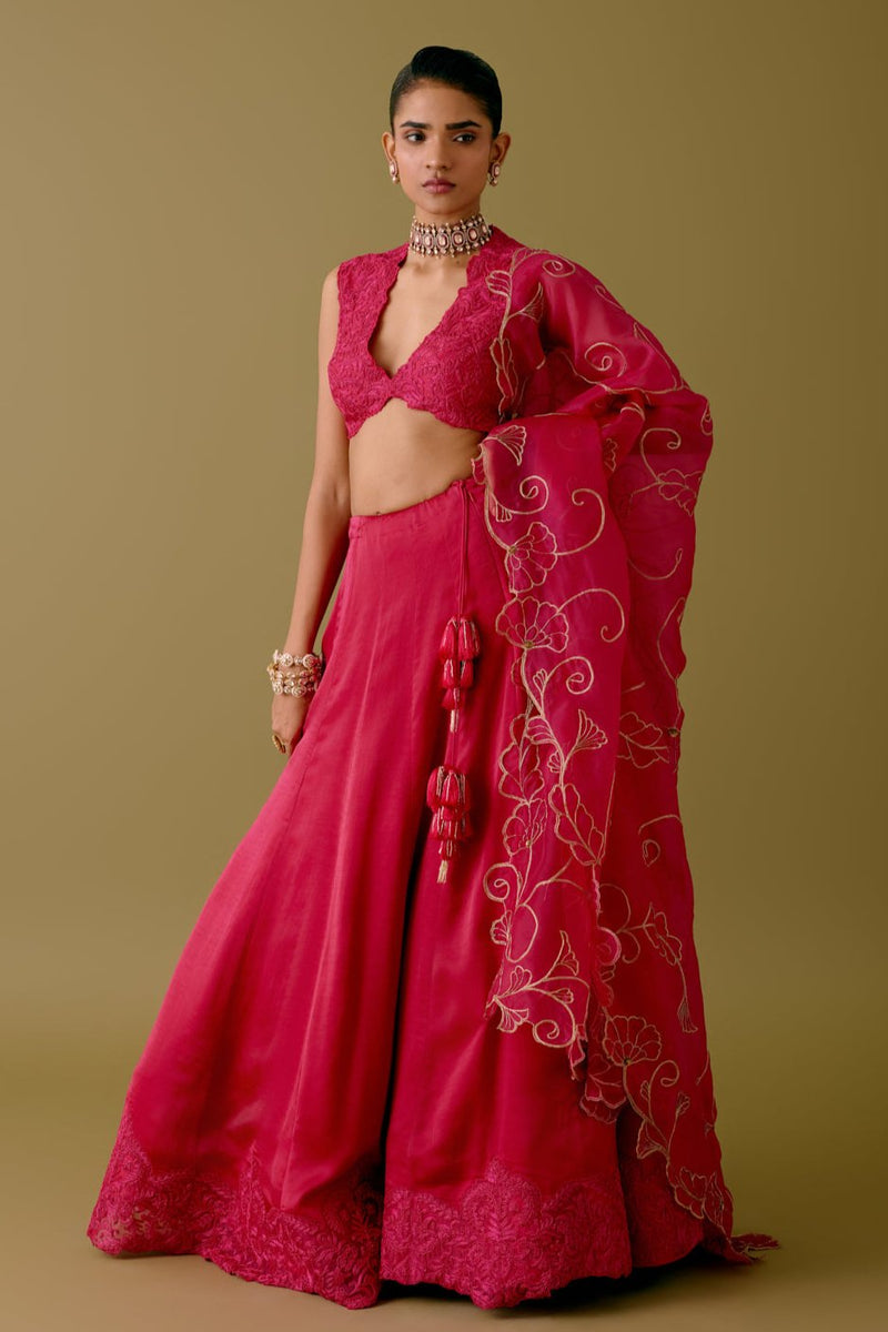 Fuchsia Pink Embroidered Silk Satin Lehenga