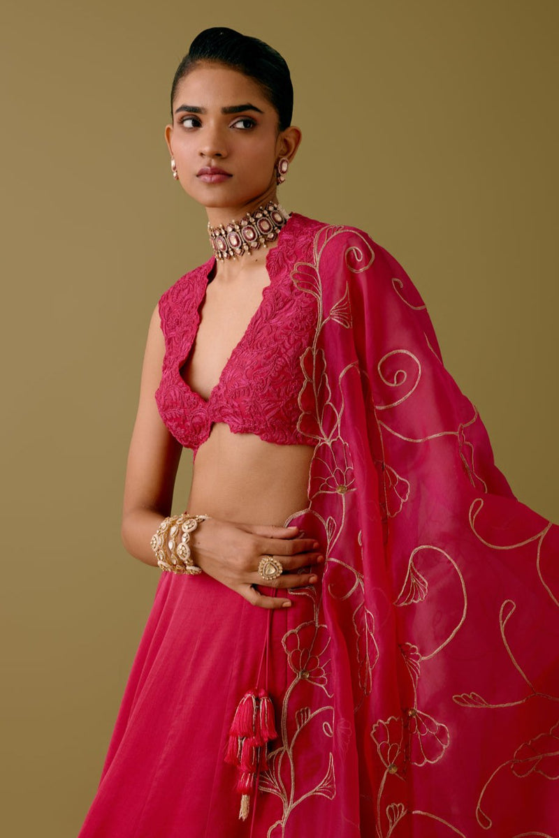 Fuchsia Pink Embroidered Silk Satin Lehenga