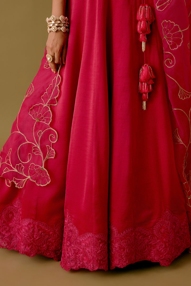 Fuchsia Pink Embroidered Silk Satin Lehenga