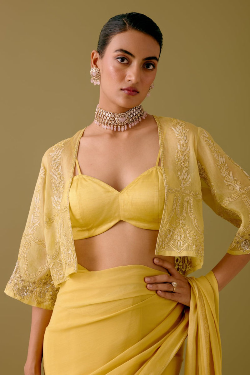 Yellow Georgette Saree with Sequined Short Jacket