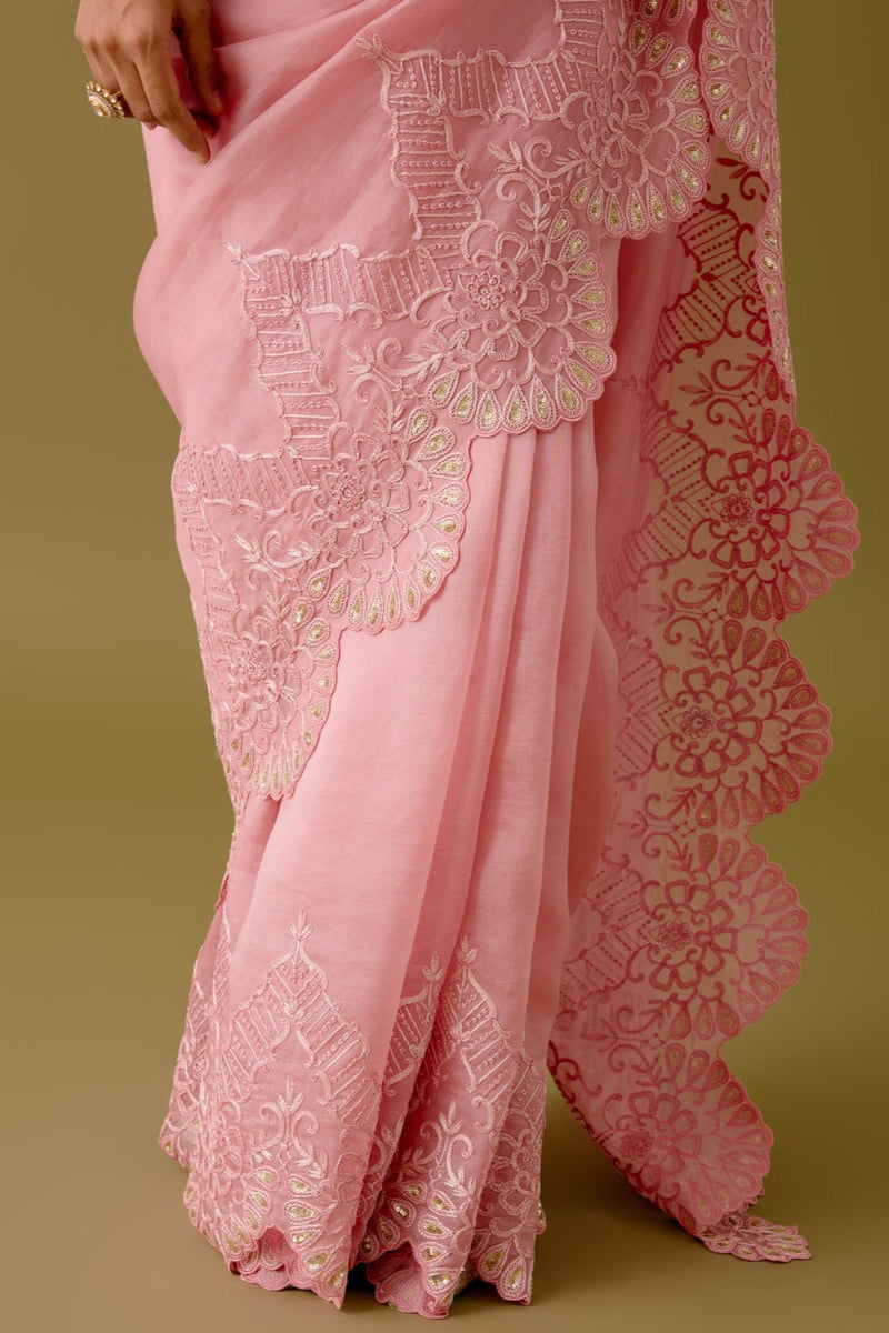 Blush Pink Embroidered Silk Organza Saree