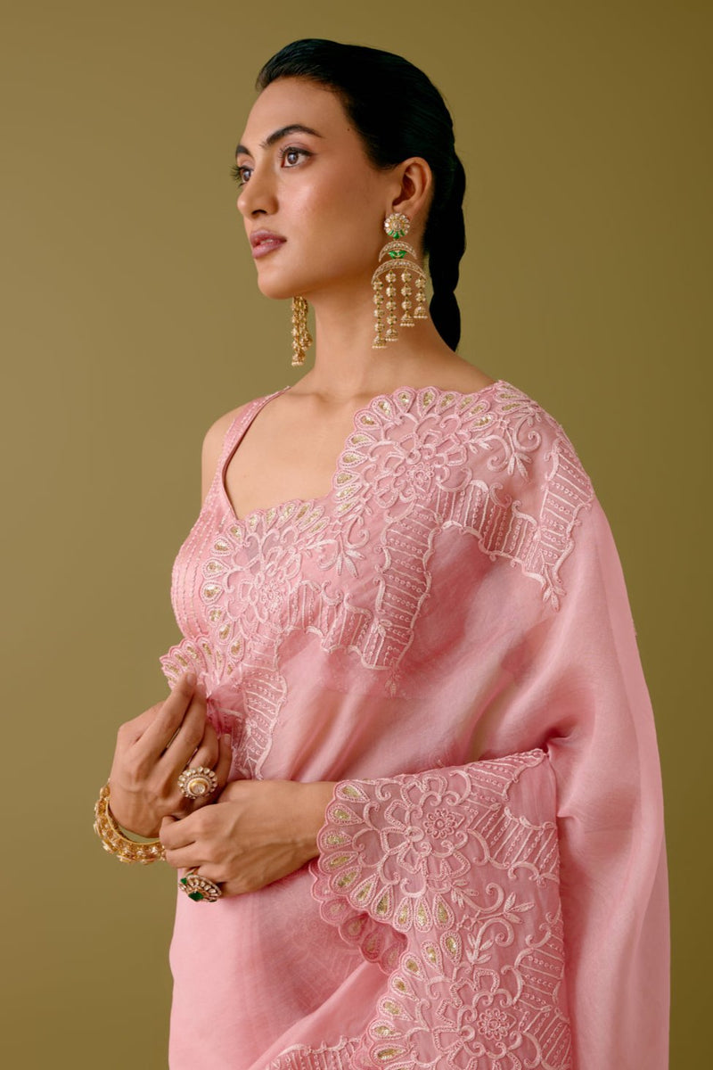 Blush Pink Embroidered Silk Organza Saree