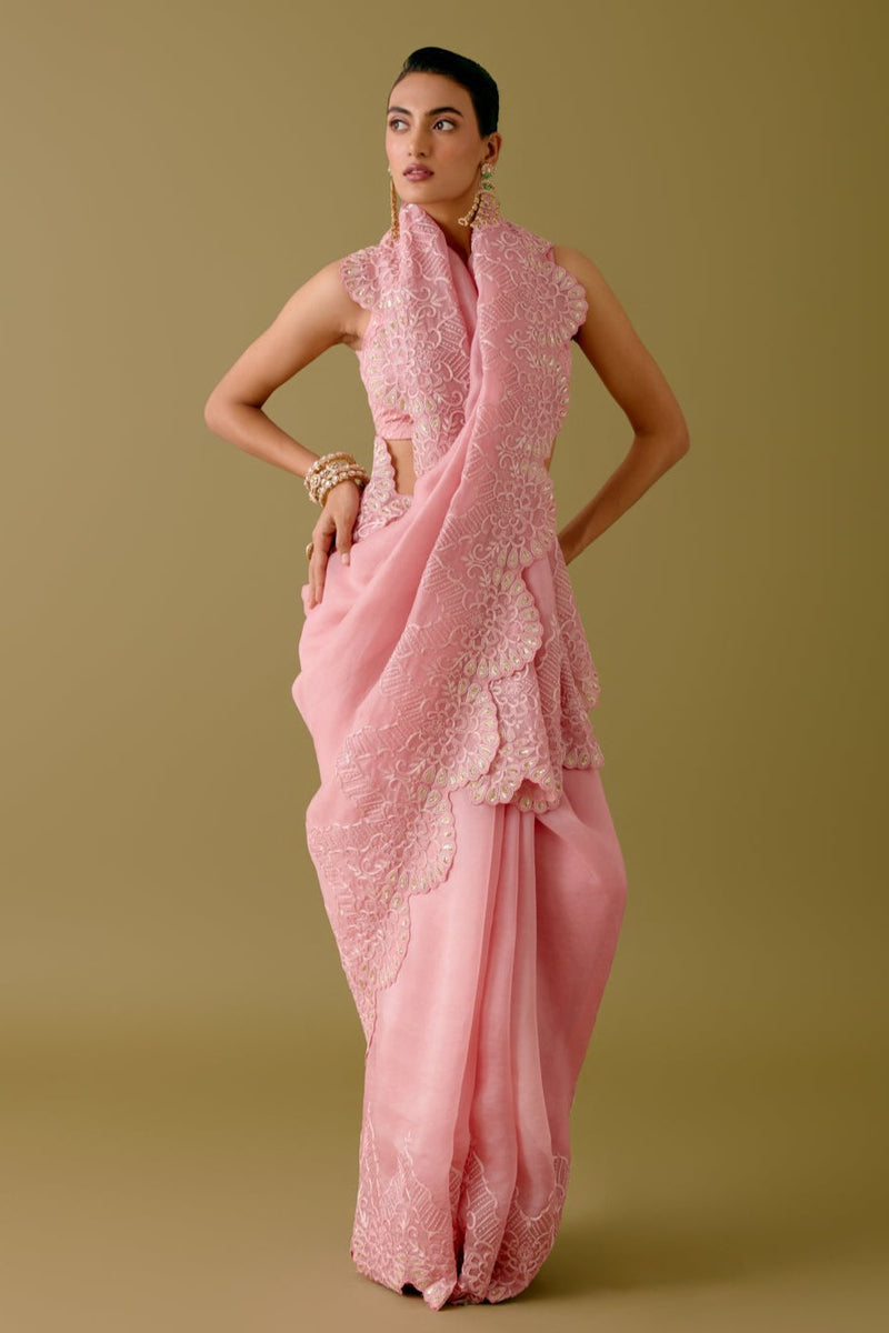 Blush Pink Embroidered Silk Organza Saree