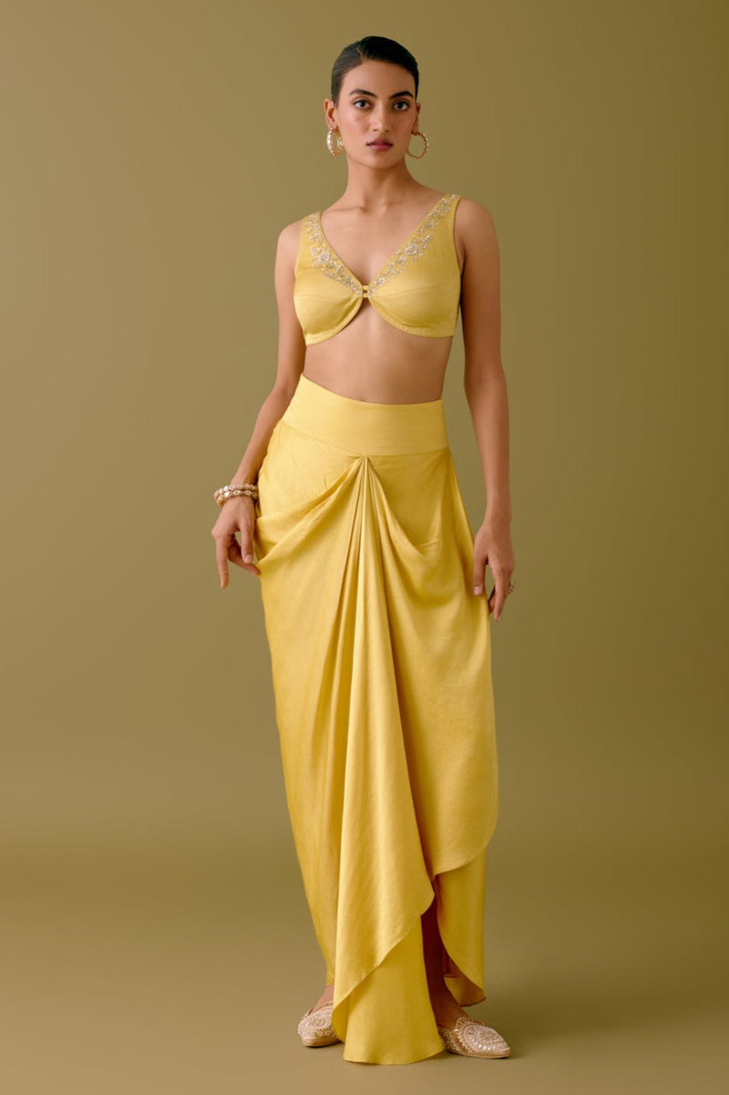 Yellow Sequined Cape and Draped Skirt Set