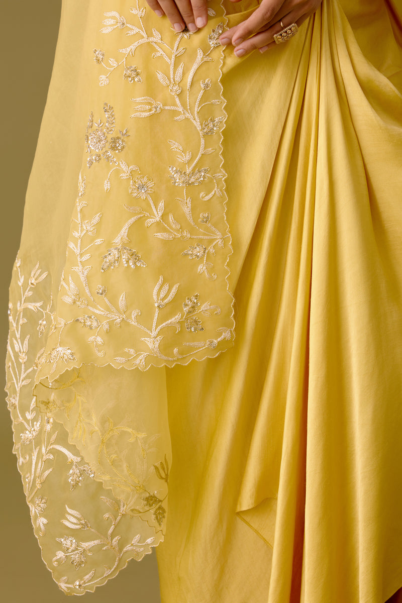 Yellow Sequined Cape and Draped Skirt Set