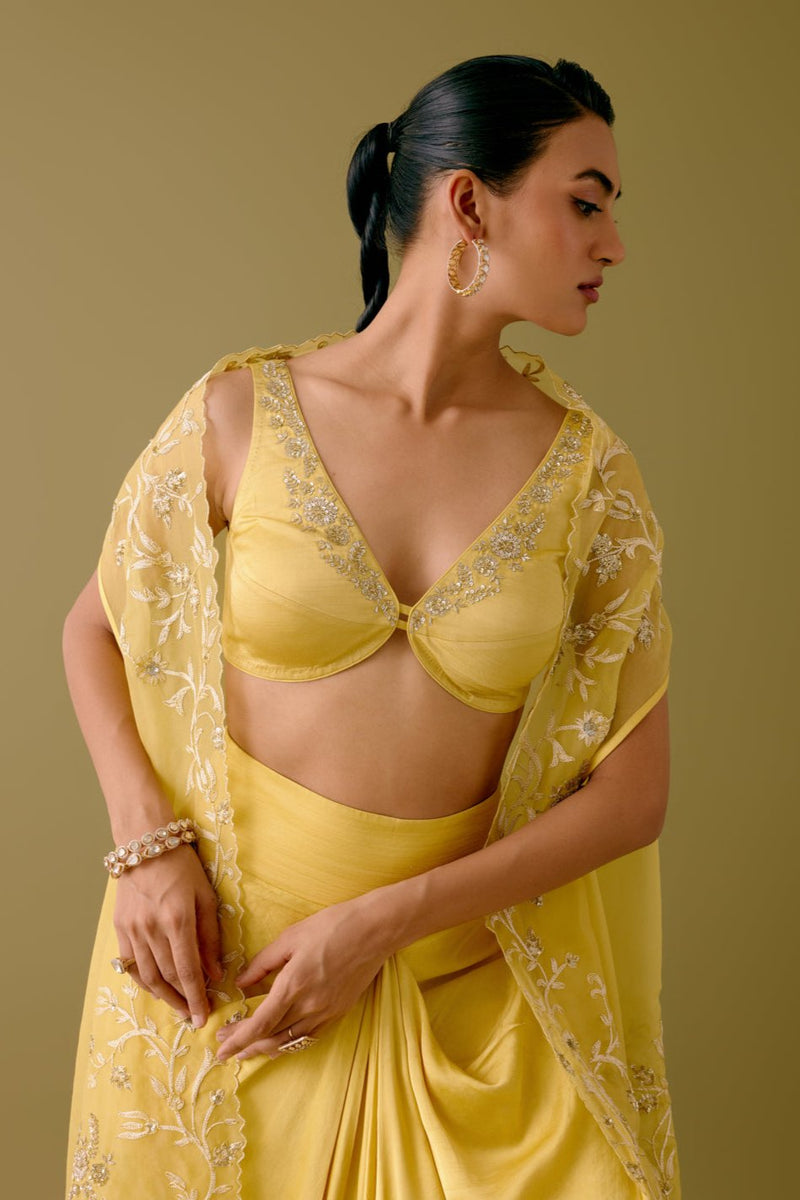 Yellow Sequined Cape and Draped Skirt Set