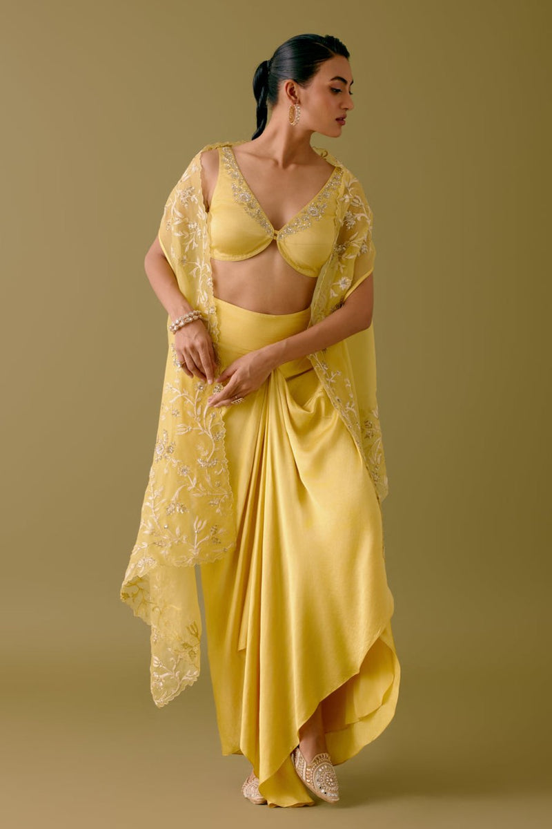 Yellow Sequined Cape and Draped Skirt Set