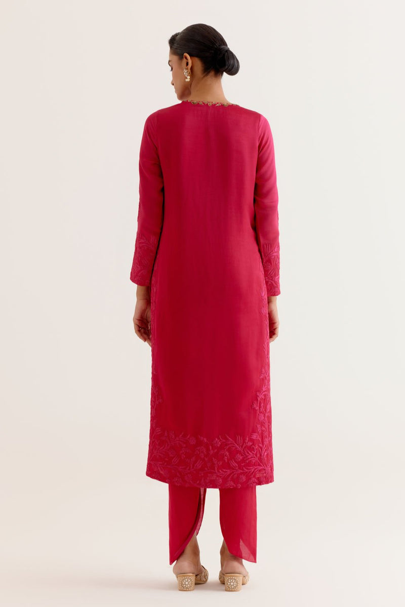 Fuchsia Pink Dori and Sequins Embroidered Kurta and Dhoti Set