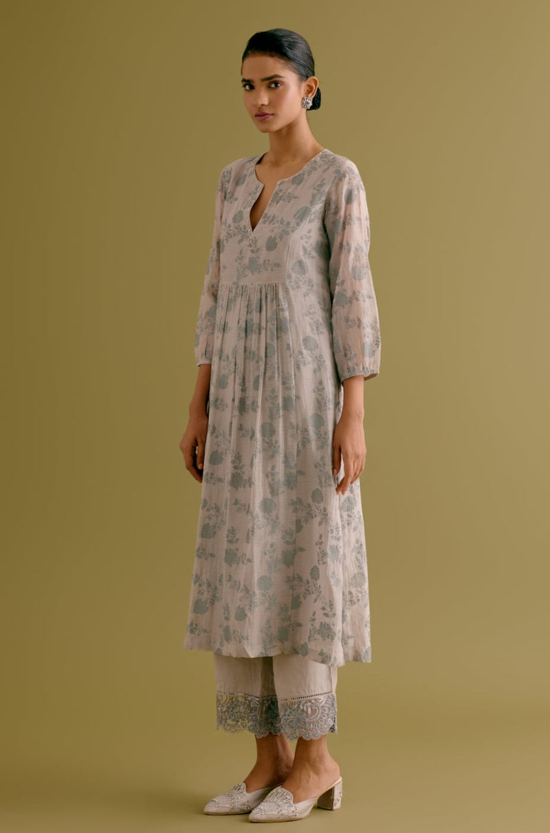 Grey Chanderi Printed Kurta Set