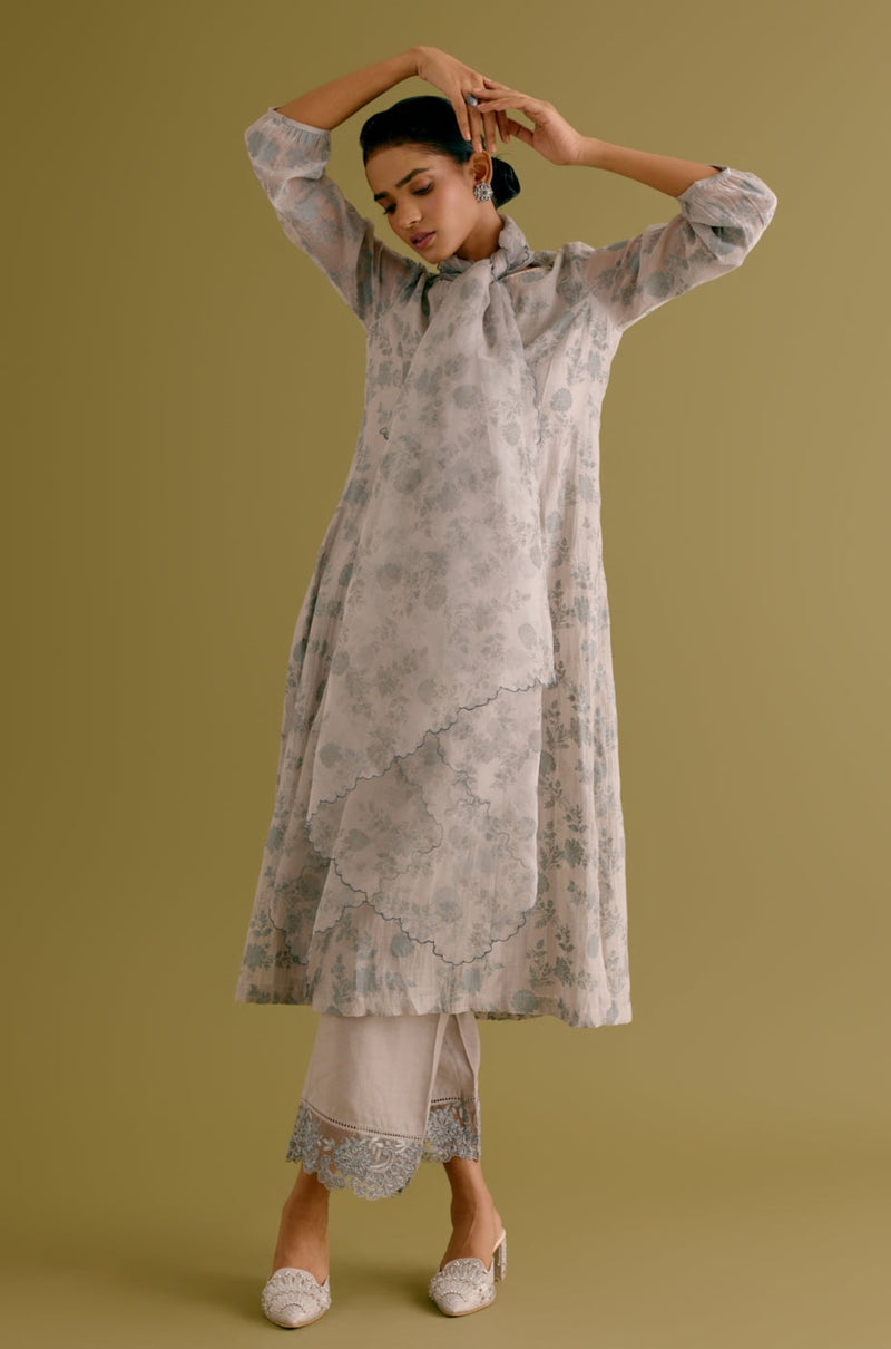 Grey Chanderi Printed Kurta Set