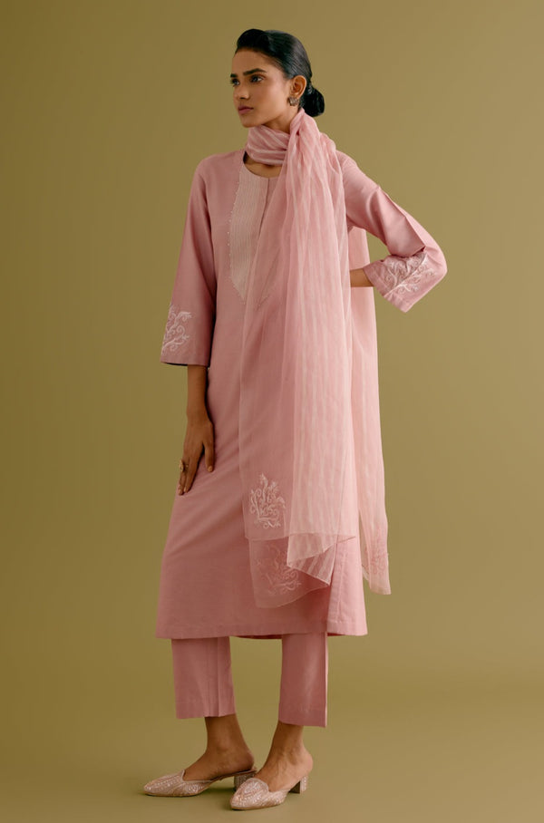 Pink Cotton Silk Blend Dori Embroidered Kurta Set