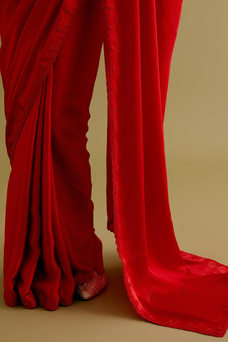 Ruby Red Satin Saree with Embroidered Belt