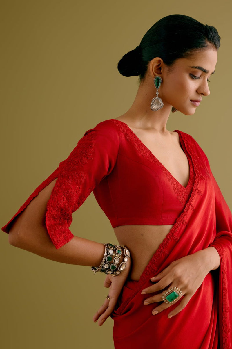 Ruby Red Satin Saree with Embroidered Belt