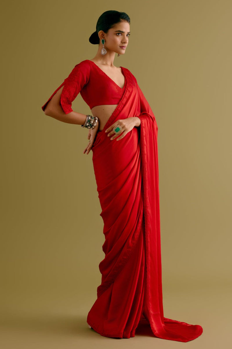 Ruby Red Satin Saree with Embroidered Belt