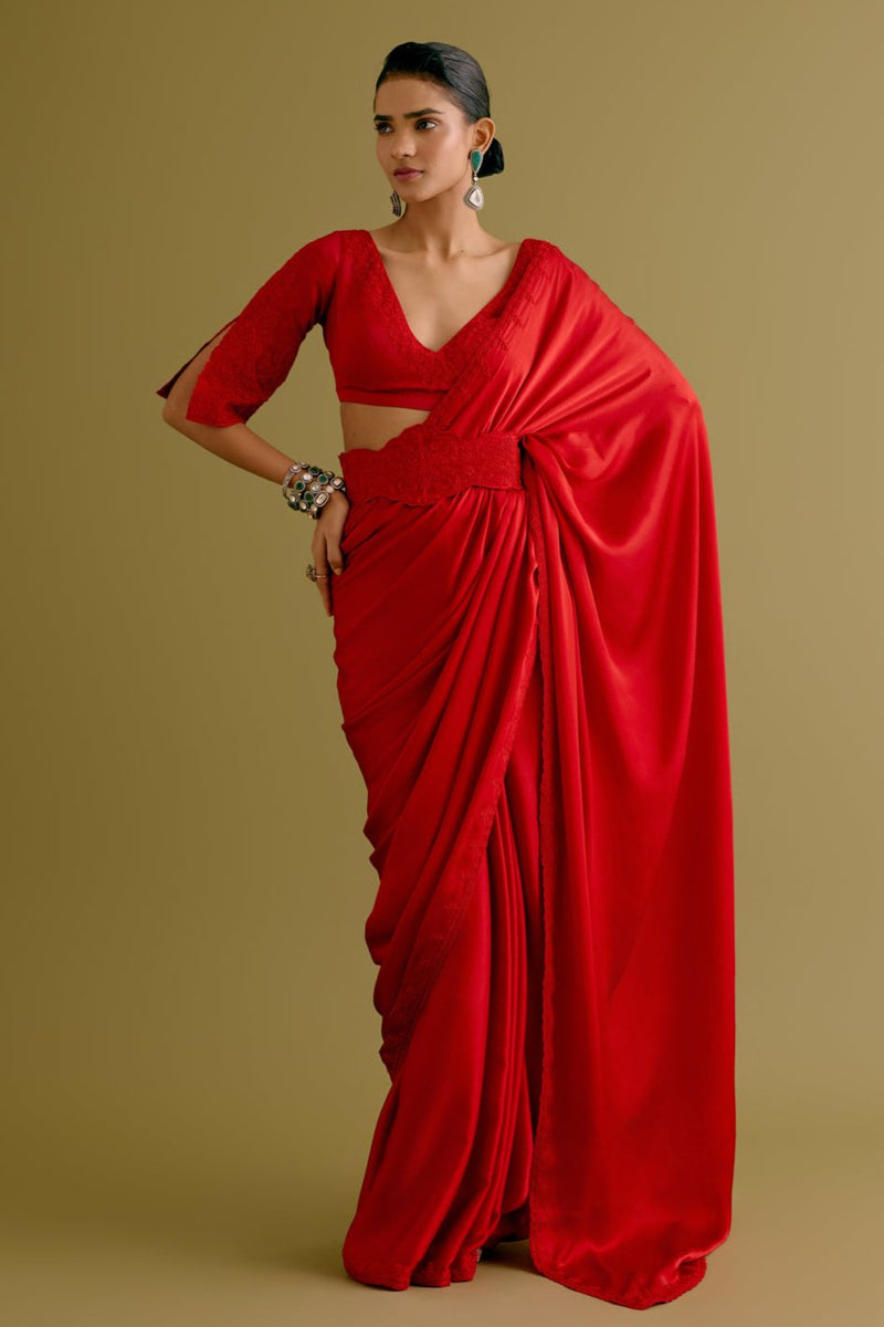 Ruby Red Satin Saree with Embroidered Belt