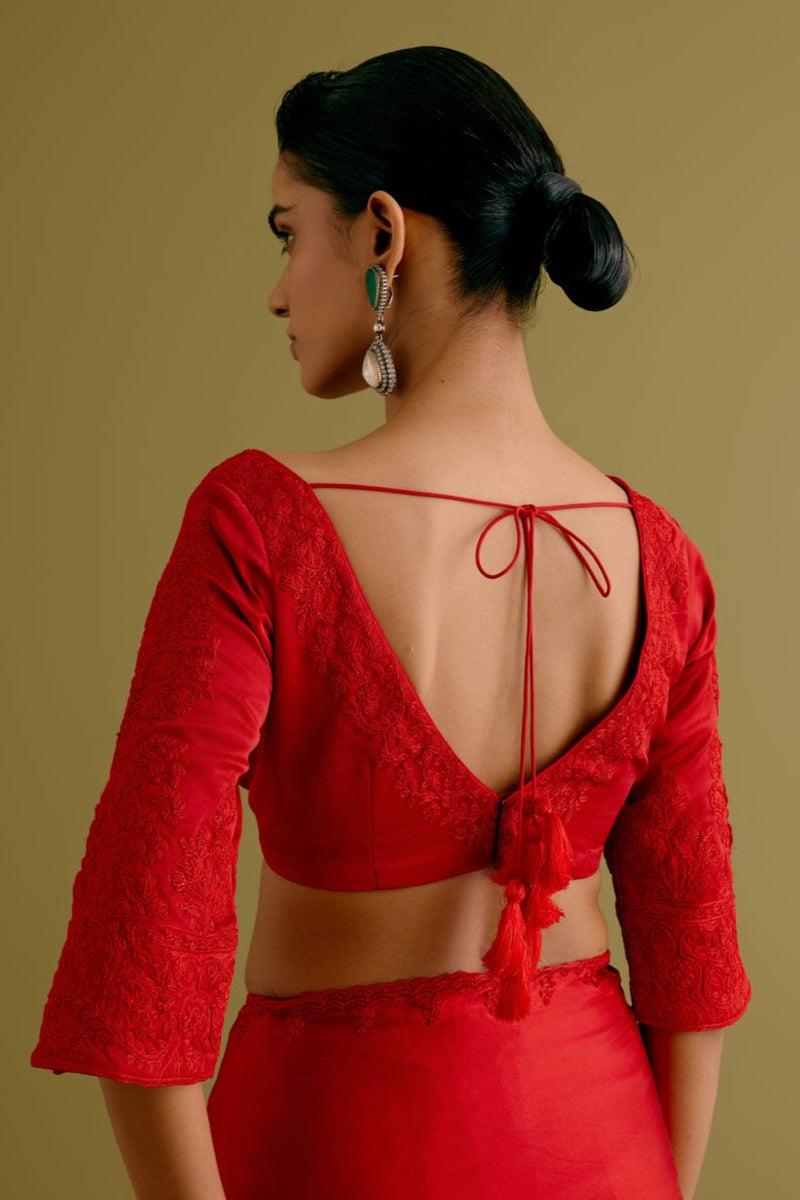 Ruby Red Satin Saree with Embroidered Belt