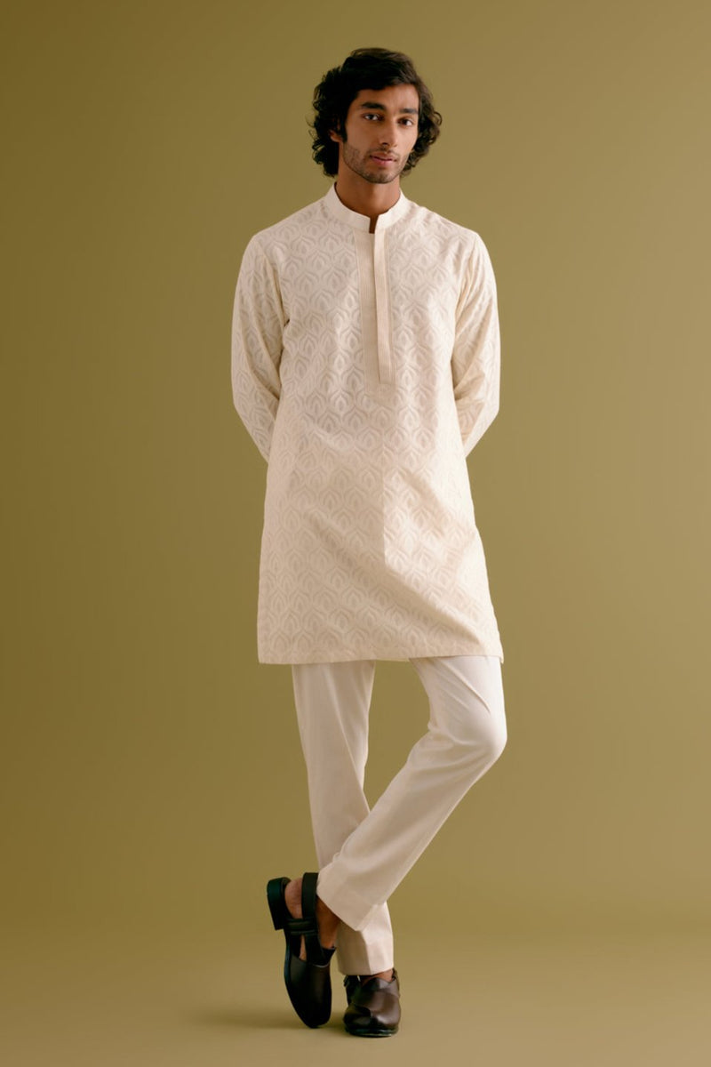 Ivory Woven Kurta Set with Dori Embroidered Bundi