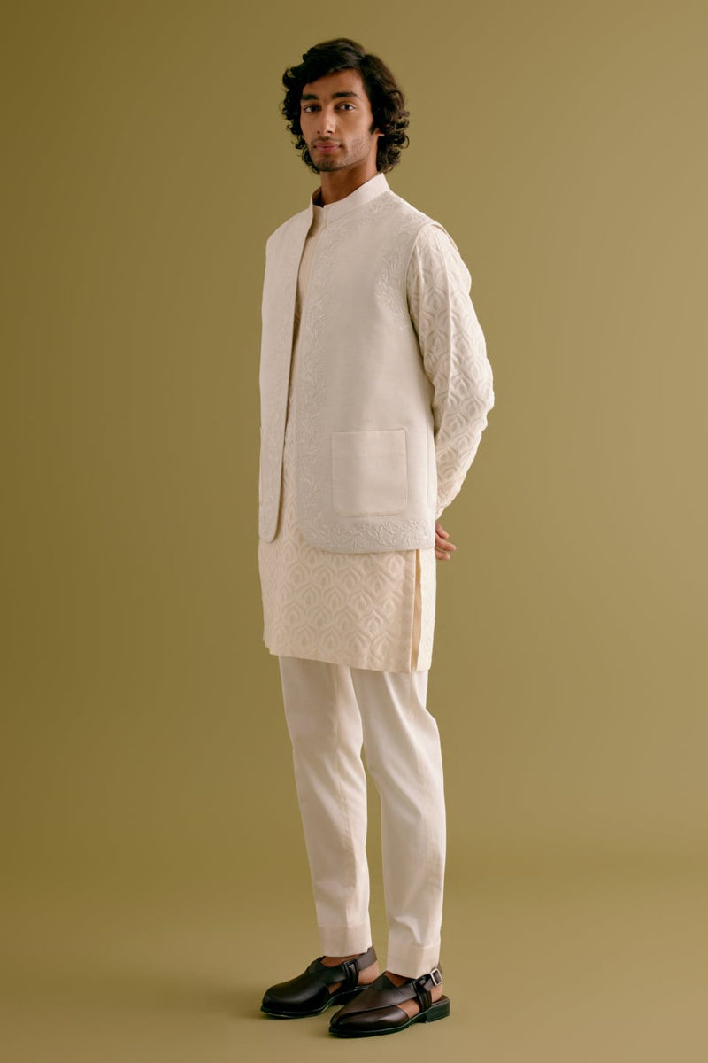 Ivory Woven Kurta Set with Dori Embroidered Bundi