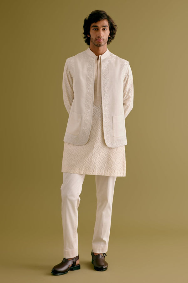 Ivory Woven Kurta Set with Dori Embroidered Bundi