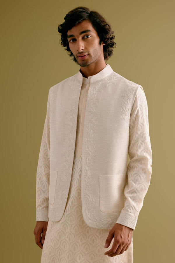 Ivory Woven Kurta Set with Dori Embroidered Bundi