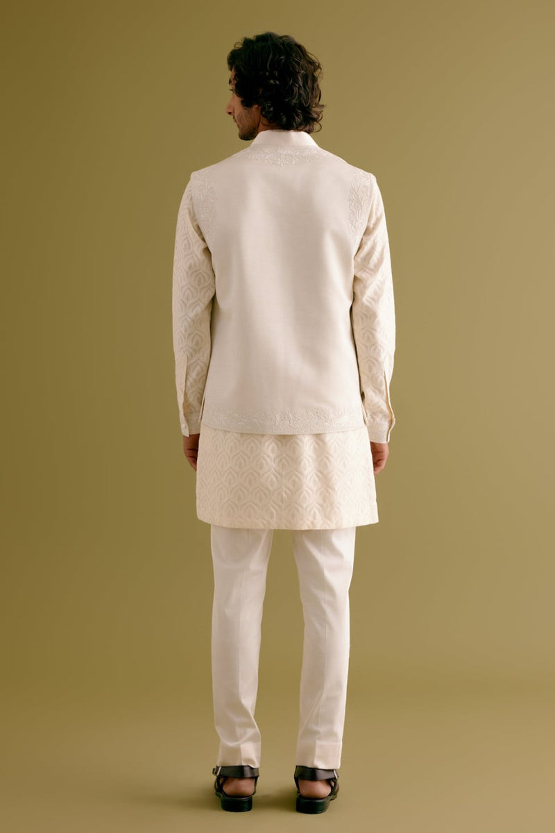 Ivory Woven Kurta Set with Dori Embroidered Bundi