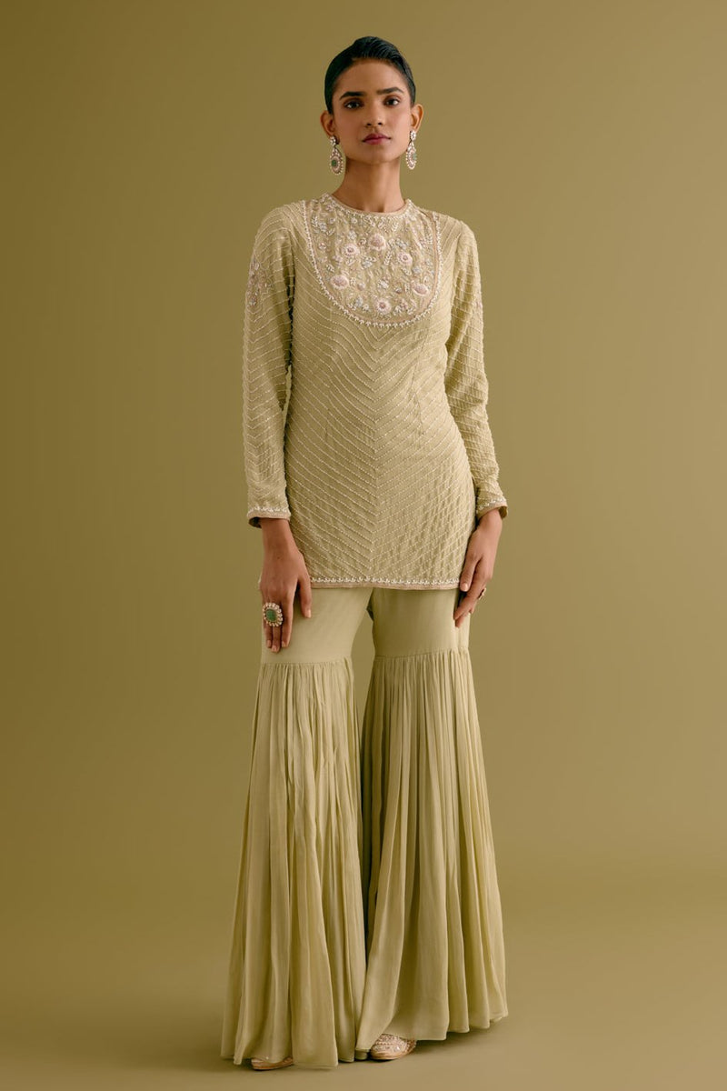 Olive Green Embroidered Georgette Gharara Set